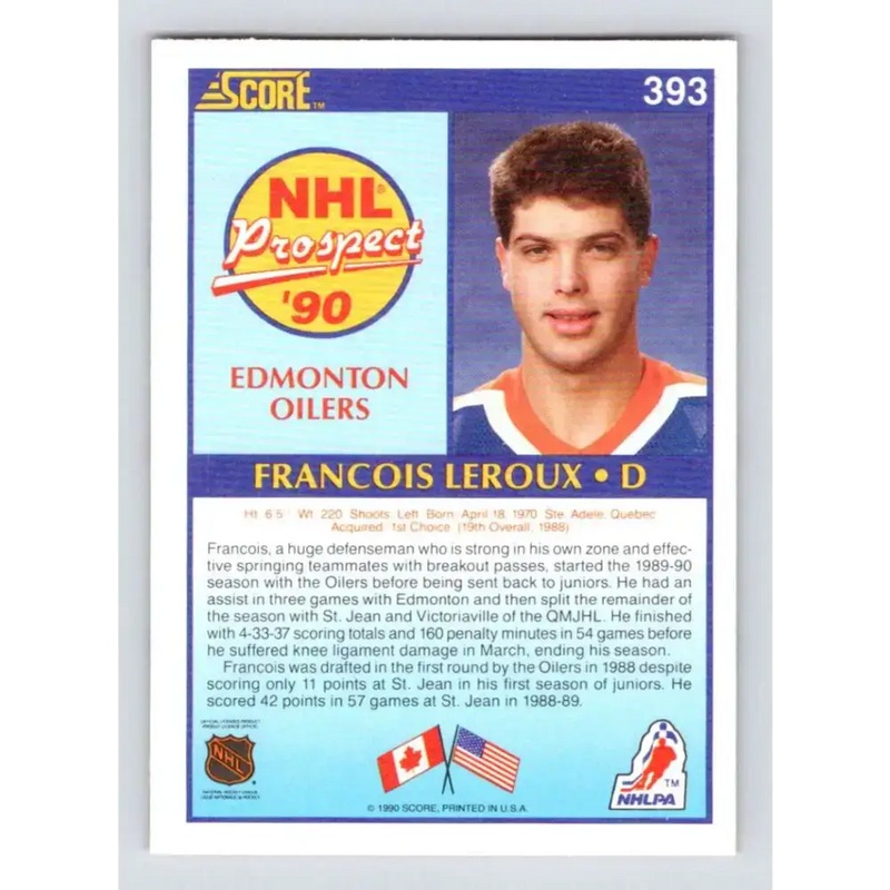 1990-91 Score #393 Francois Leroux NM-MT RC Rookie Edmonton Oilers Hockey Card