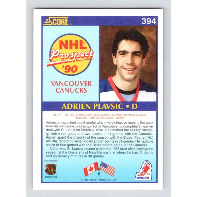1990-91 Score #394 Adrien Plavsic NM-MT RC Rookie Vancouver Canucks Hockey Card - Hockey Card Single