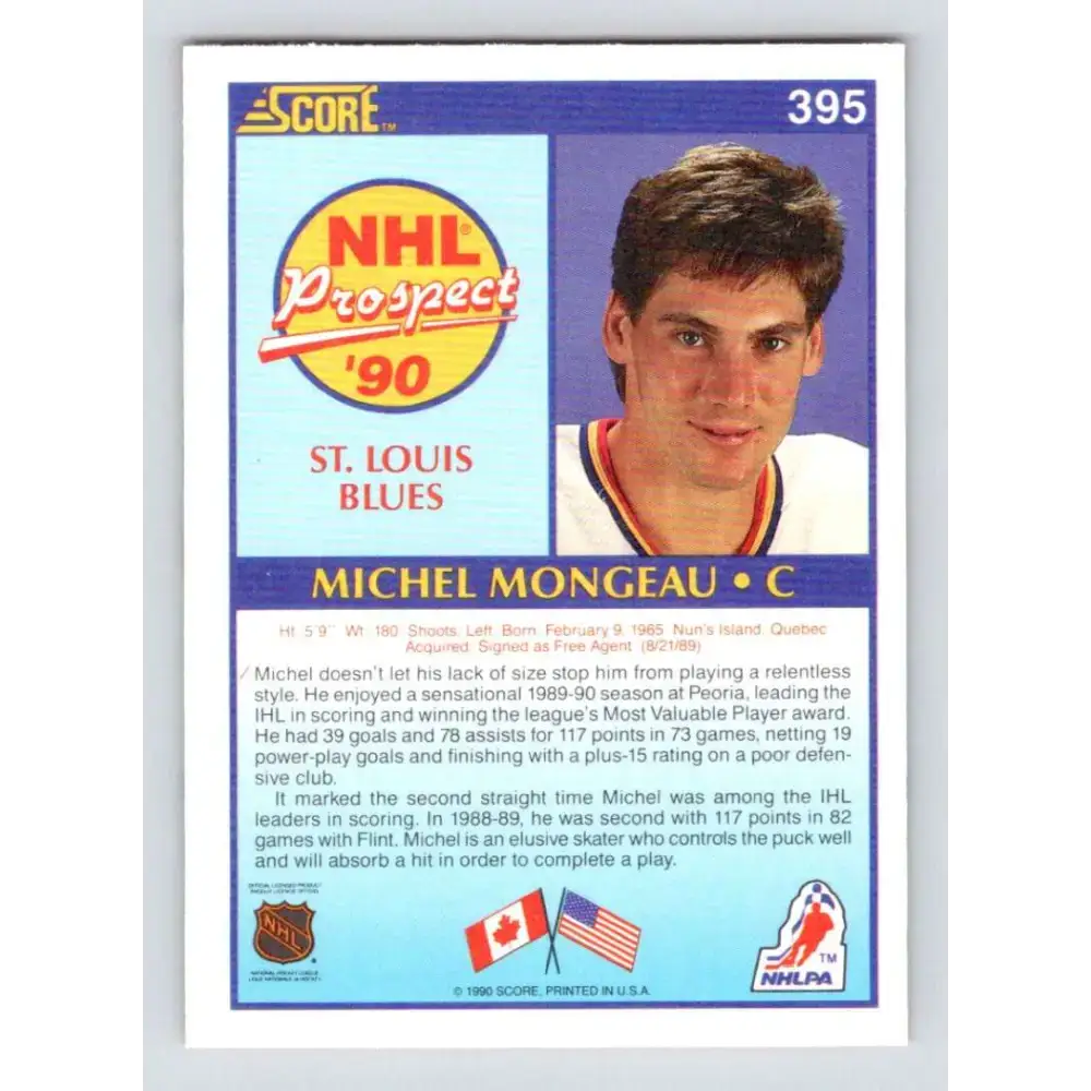 1990-91 Score #395 Michel Mongeau NM-MT RC Rookie St. Louis Blues Hockey Card - Hockey Card Single