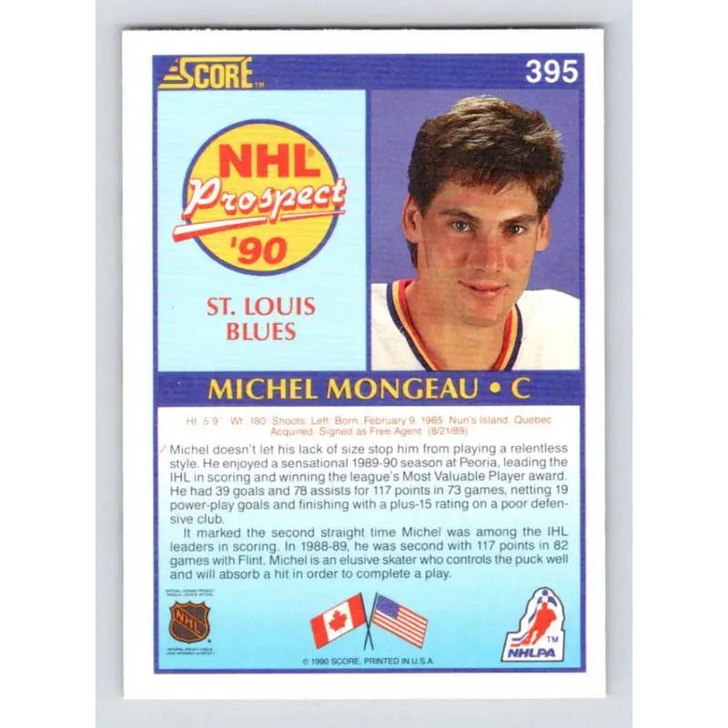 1990-91 Score #395 Michel Mongeau NM-MT RC Rookie St. Louis Blues Hockey Card - Hockey Card Single