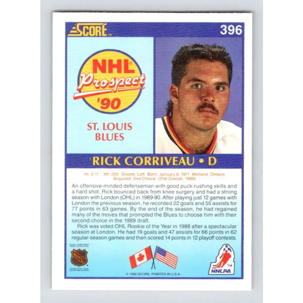 1990-91 Score #396 Rick Corriveau NM-MT RC Rookie St. Louis Blues Hockey Card - Hockey Card Single