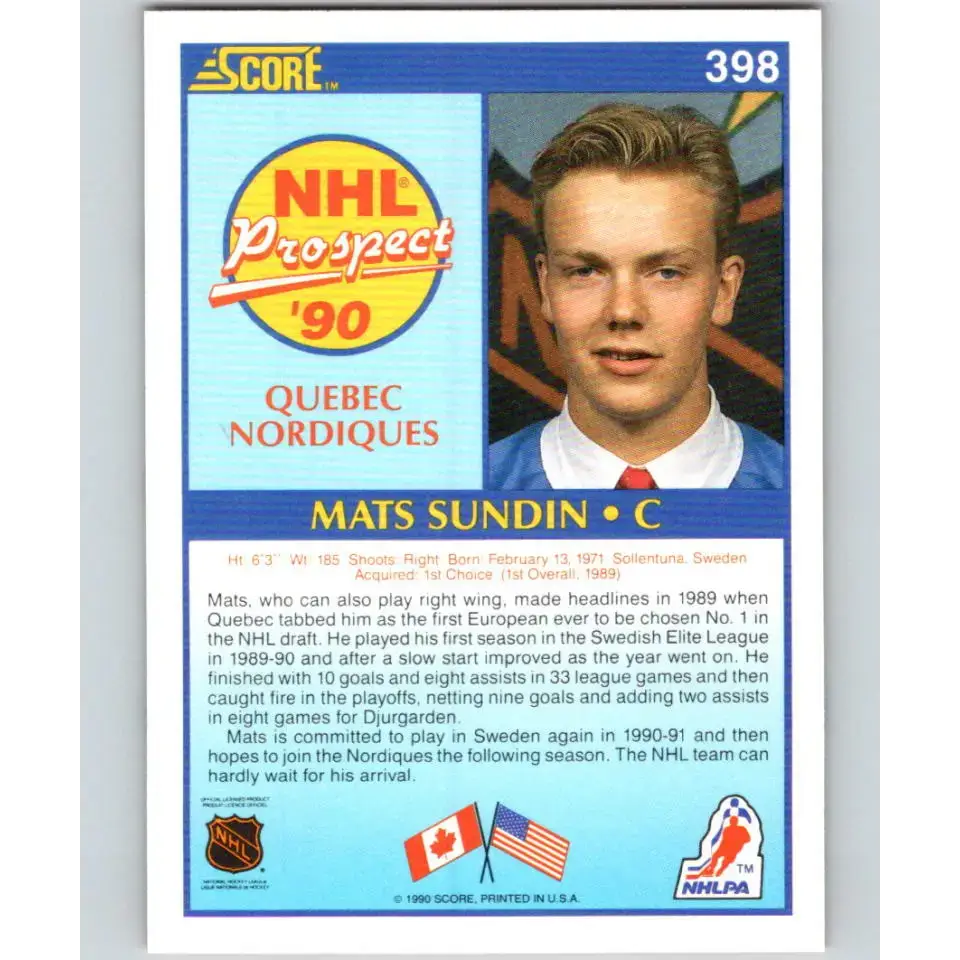 1990-91 Score #398 Mats Sundin NM-MT RC Rookie Quebec Nordiques Hockey Card - Hockey Card Single