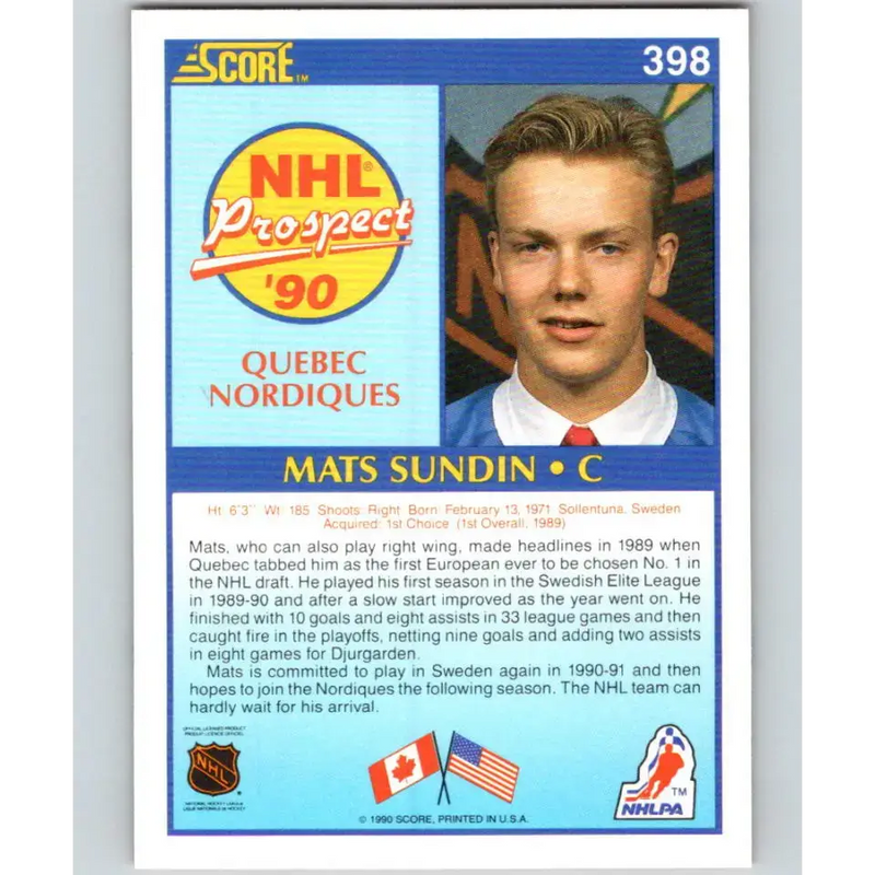 1990-91 Score #398 Mats Sundin NM-MT RC Rookie Quebec Nordiques Hockey Card - Hockey Card Single