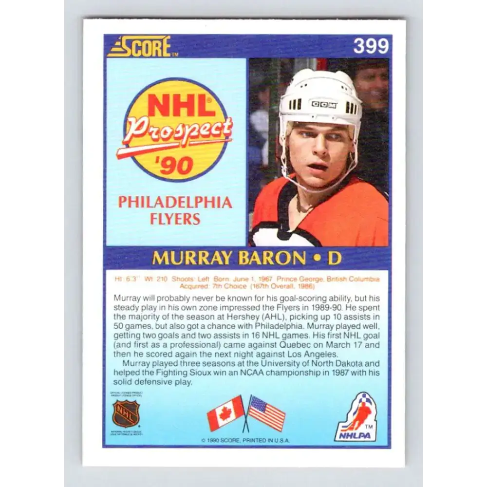 1990-91 Score #399 Murray Baron NM-MT RC Rookie Philadelphia Flyers Hockey Card - Hockey Card Single
