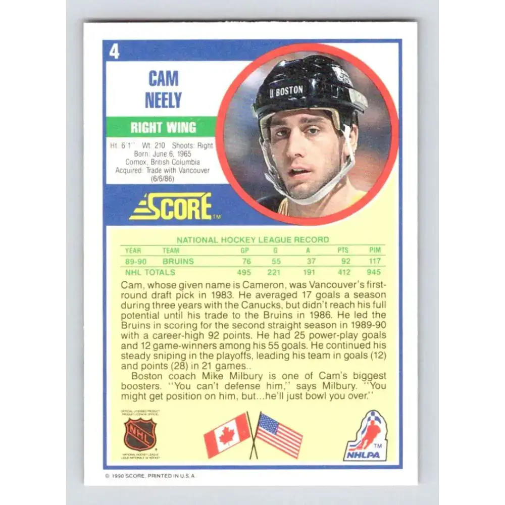 1990-91 Score #4 Cam Neely NM-MT Boston Bruins Hockey Card - Hockey Card Single
