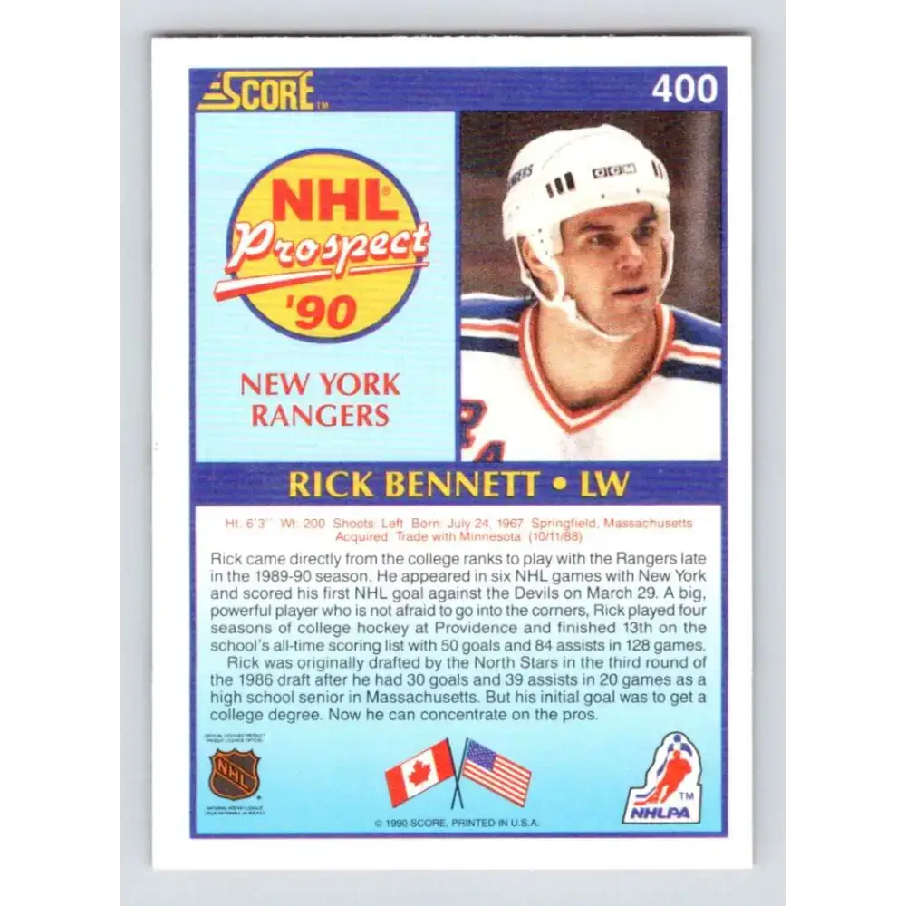 1990-91 Score #400 Rick Bennett NM-MT RC Rookie New York Rangers Hockey Card - Hockey Card Single