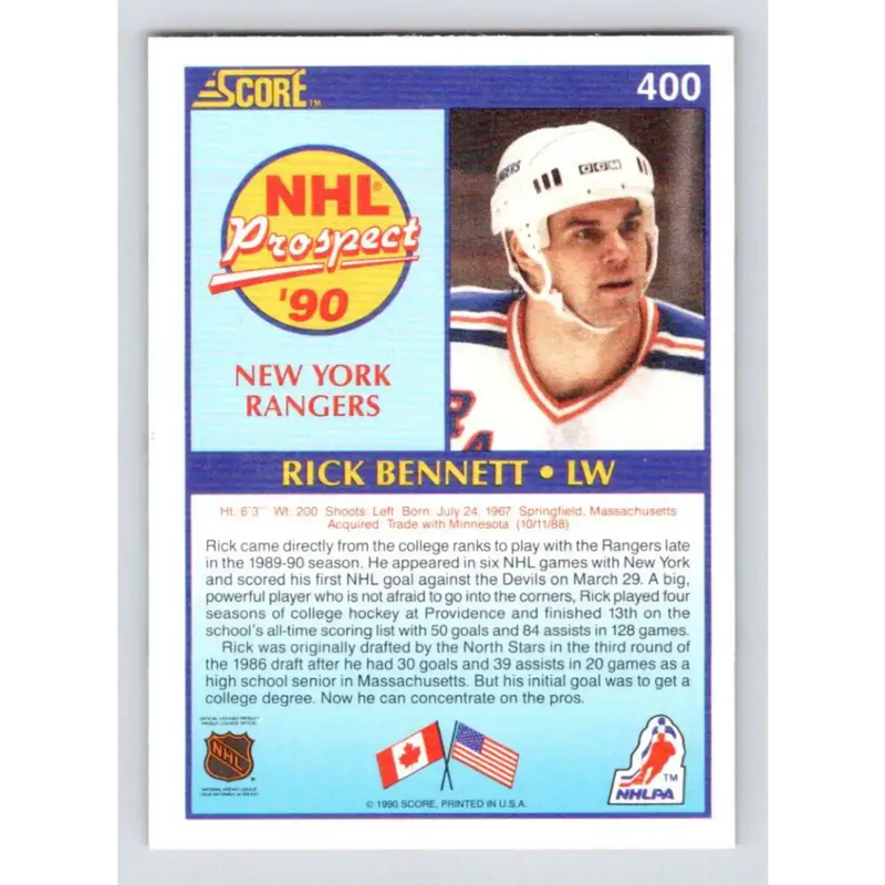 1990-91 Score #400 Rick Bennett NM-MT RC Rookie New York Rangers Hockey Card - Hockey Card Single