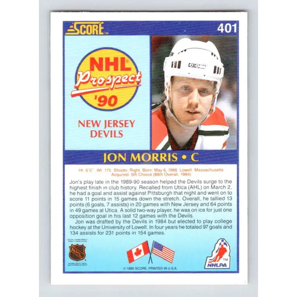 1990-91 Score #401 Jon Morris NM-MT RC Rookie New Jersey Devils Hockey Card - Hockey Card Single