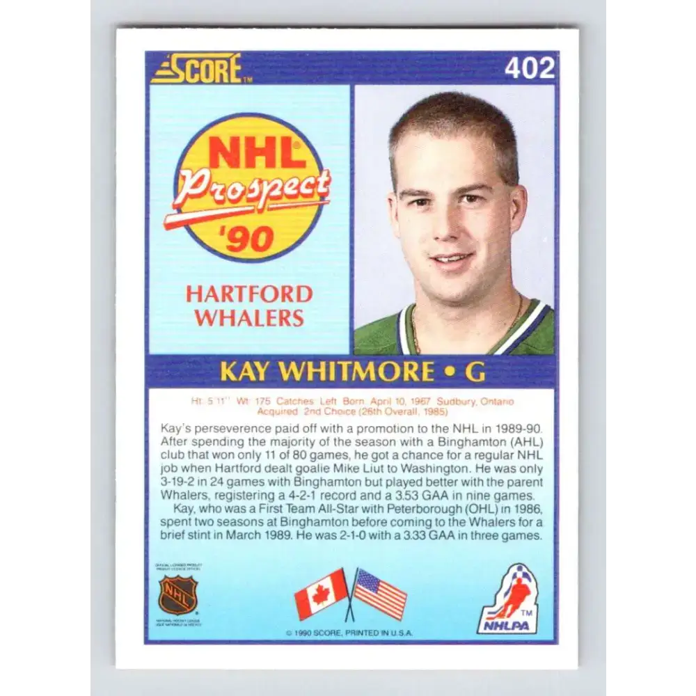 1990-91 Score #402 Kay Whitmore NM-MT RC Rookie Hartford Whalers Hockey Card - Hockey Card Single