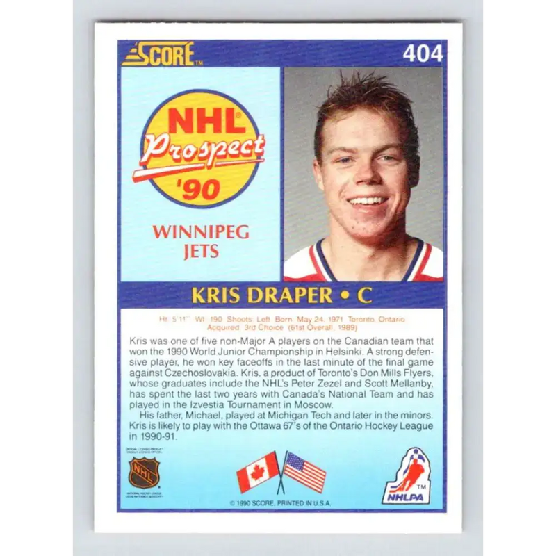 1990-91 Score #404 Kris Draper NM-MT RC Rookie Winnipeg Jets Hockey Card - Hockey Card Single