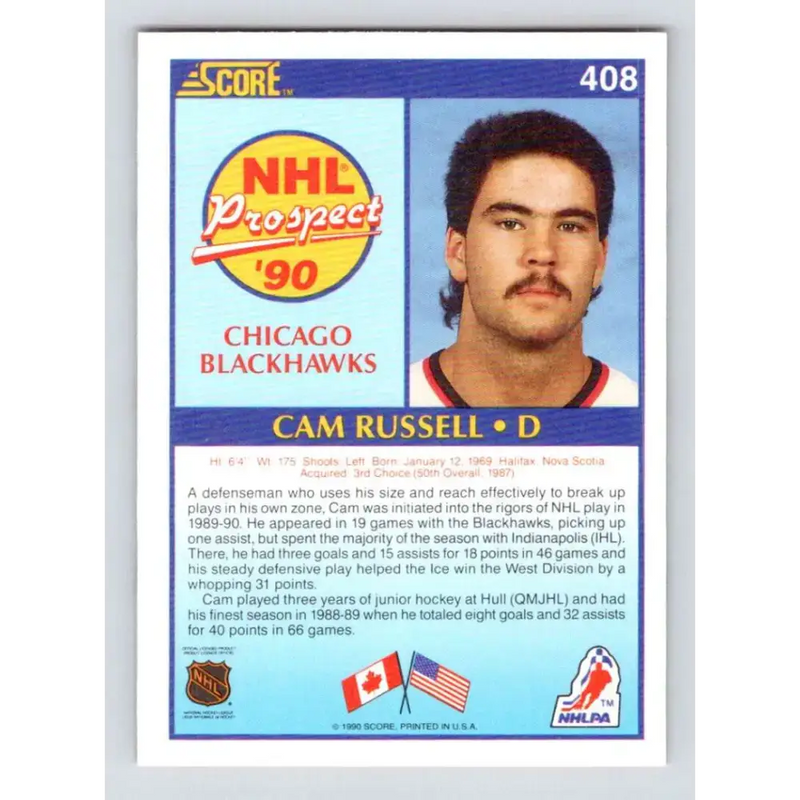 1990-91 Score #408 Cam Russell NM-MT RC Rookie Chicago Blackhawks Hockey Card - Hockey Card Single