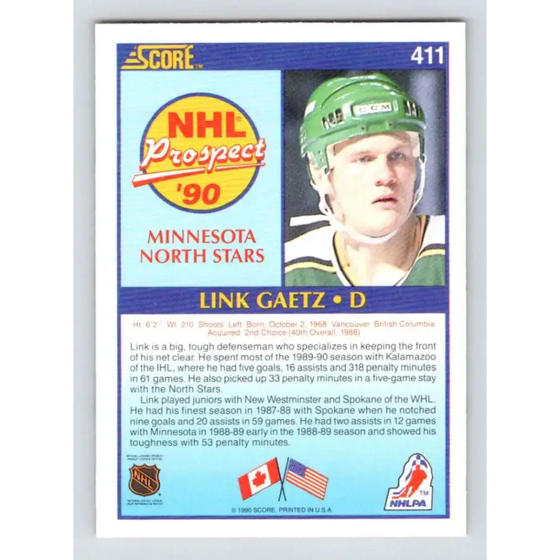 1990-91 Score #411 Link Gaetz NM-MT RC Rookie Minnesota North Stars Hockey Card - Hockey Card Single