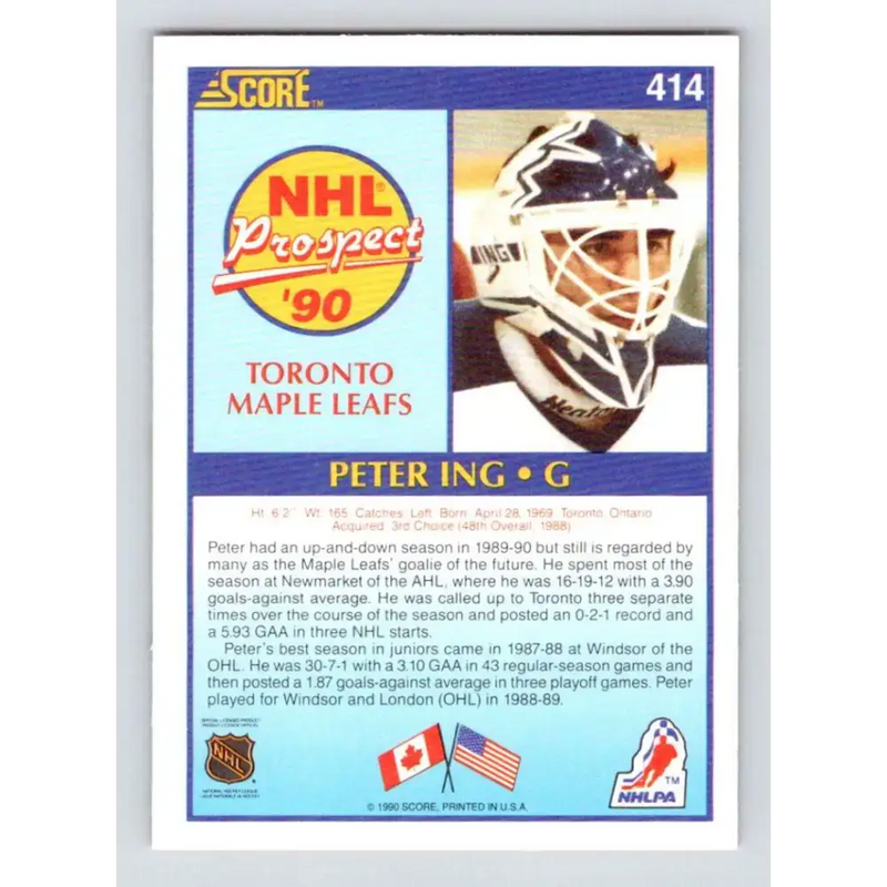 1990-91 Score #414 Peter Ing NM-MT RC Rookie Toronto Maple Leafs Hockey Card - Hockey Card Single