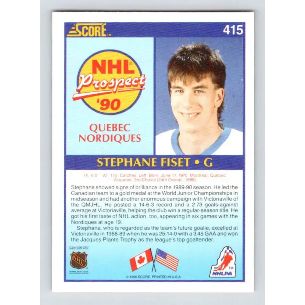 1990-91 Score #415 Stephane Fiset NM-MT RC Rookie Quebec Nordiques Hockey Card - Hockey Card Single