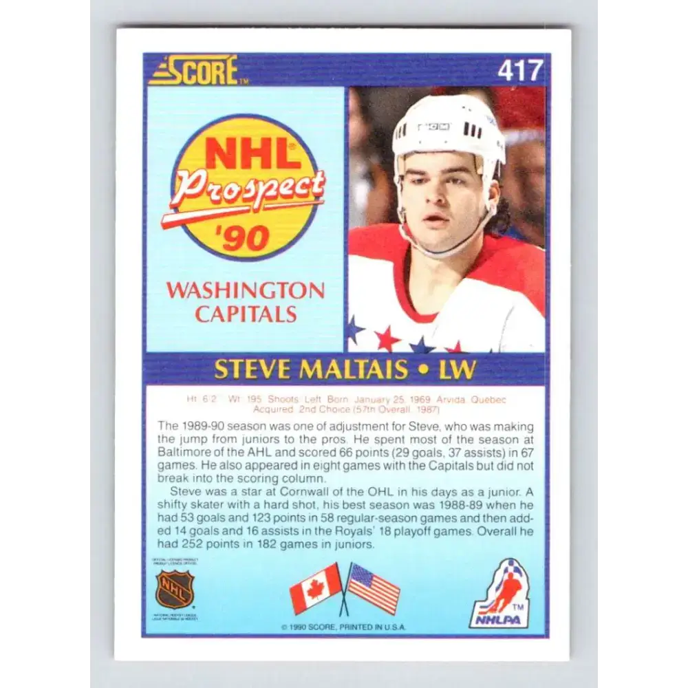 1990-91 Score #417 Steve Maltais NM-MT RC Rookie Washington Capitals Hockey Card - Hockey Card Single