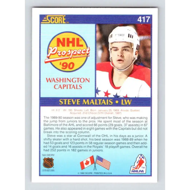 1990-91 Score #417 Steve Maltais NM-MT RC Rookie Washington Capitals Hockey Card - Hockey Card Single