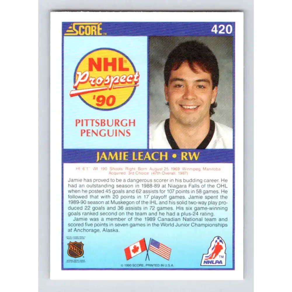 1990-91 Score #420 Jamie Leach NM-MT RC Rookie Pittsburgh Penguins Hockey Card - Hockey Card Single