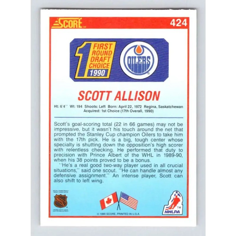 1990-91 Score #424 Scott Allison NM-MT RC Rookie Edmonton Oilers Hockey Card - Hockey Card Single