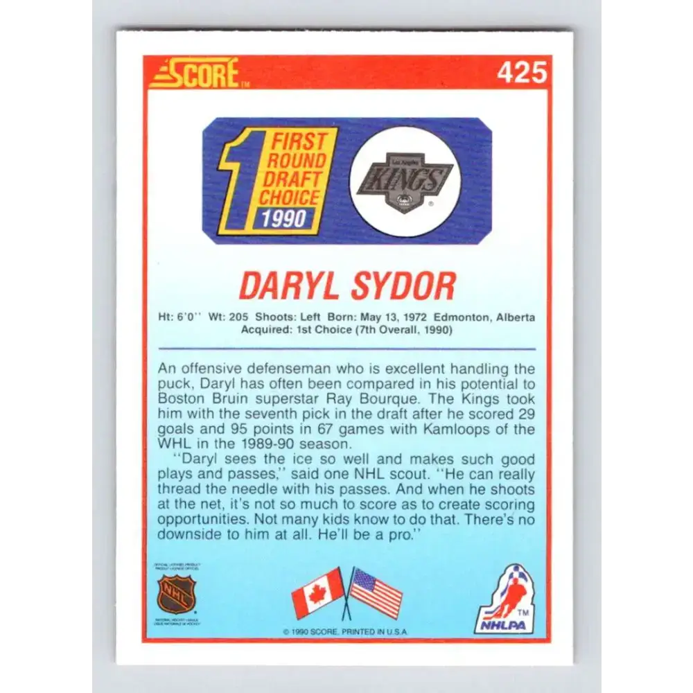 1990-91 Score #425 Darryl Sydor NM-MT RC Rookie Los Angeles Kings Hockey Card - Hockey Card Single