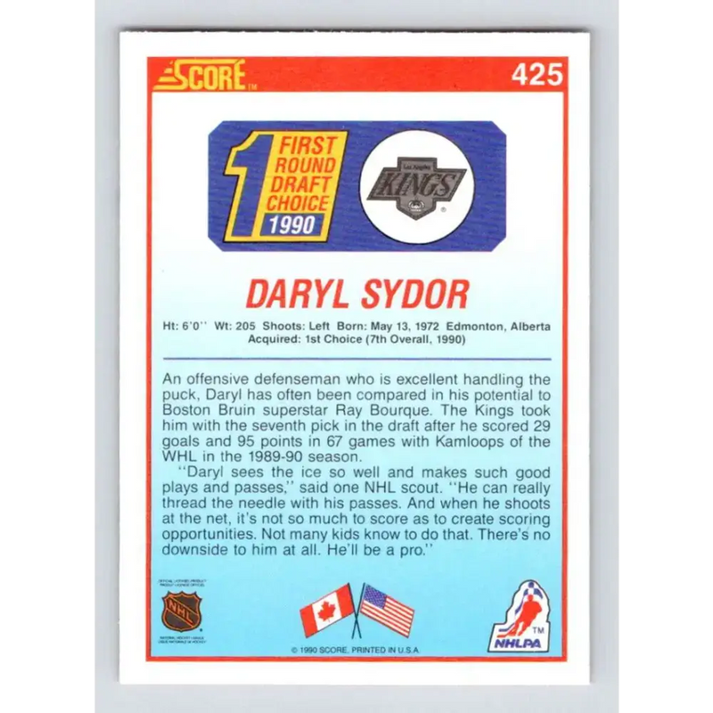 1990-91 Score #425 Darryl Sydor NM-MT RC Rookie Los Angeles Kings Hockey Card - Hockey Card Single