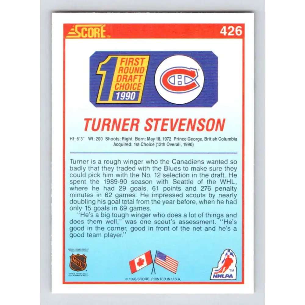 1990-91 Score #426 Turner Stevenson NM-MT RC Rookie Montreal Canadiens Hockey Card - Hockey Card Single