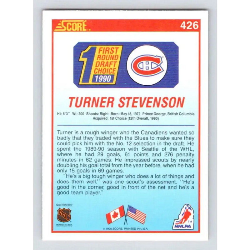 1990-91 Score #426 Turner Stevenson NM-MT RC Rookie Montreal Canadiens Hockey Card - Hockey Card Single