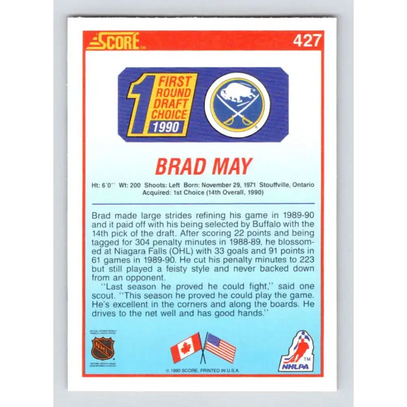 1990-91 Score #427 Brad May NM-MT RC Rookie Buffalo Sabres Hockey Card - Hockey Card Single