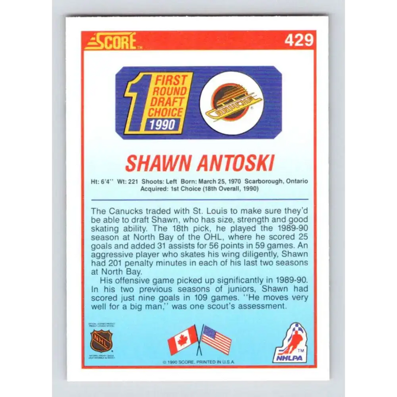 1990-91 Score #429 Shawn Antoski NM-MT RC Rookie Vancouver Canucks Hockey Card - Hockey Card Single