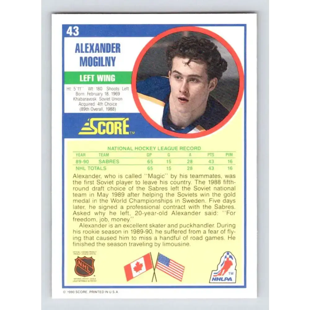 1990-91 Score #43 Alexander Mogilny NM-MT RC Rookie Buffalo Sabres Hockey Card - Hockey Card Single