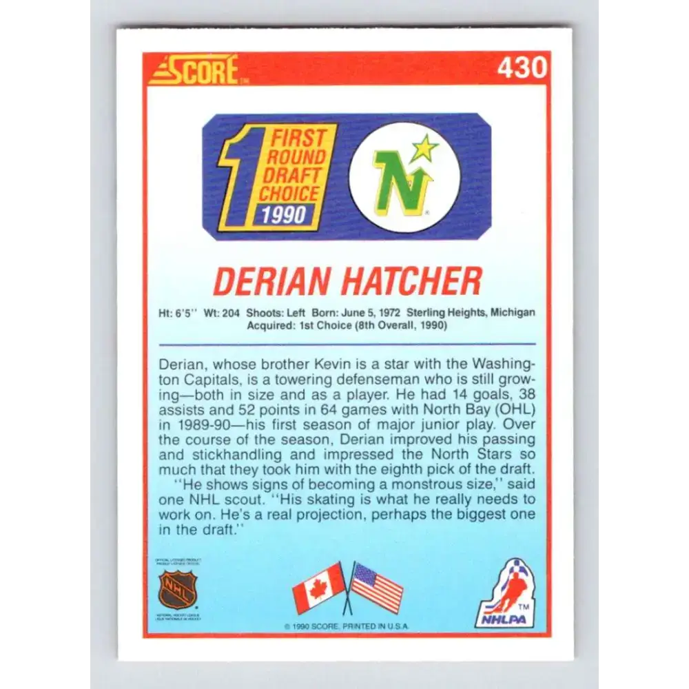 1990-91 Score #430 Derian Hatcher NM-MT RC Rookie Minnesota North Stars Hockey Card - Hockey Card Single