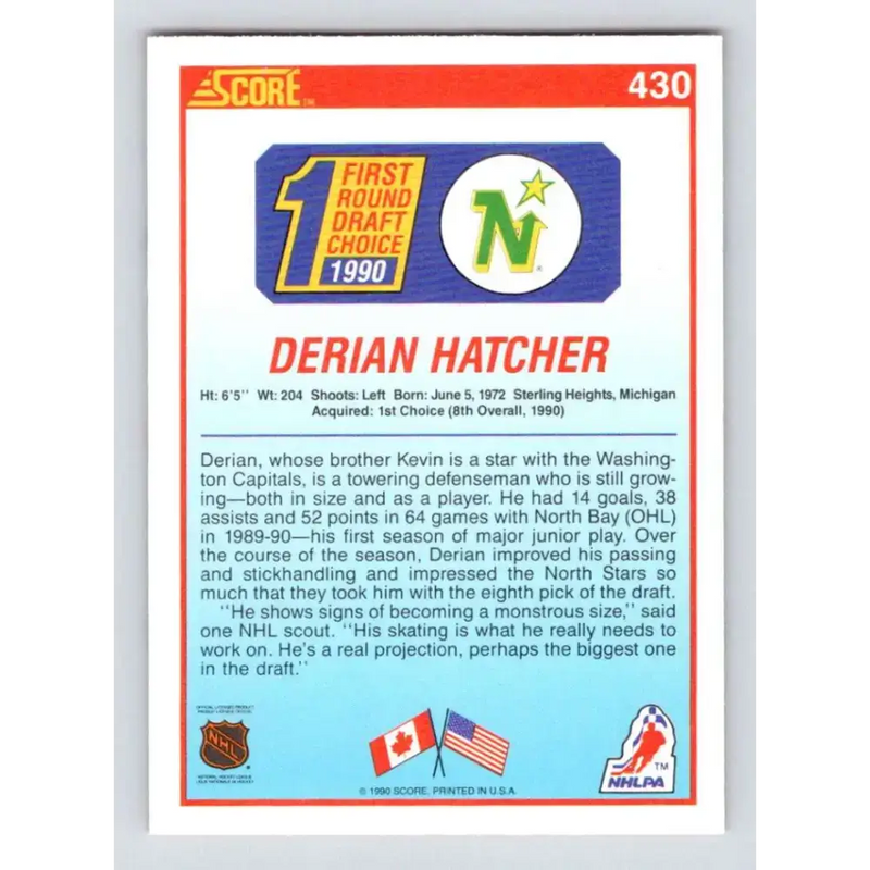 1990-91 Score #430 Derian Hatcher NM-MT RC Rookie Minnesota North Stars Hockey Card - Hockey Card Single