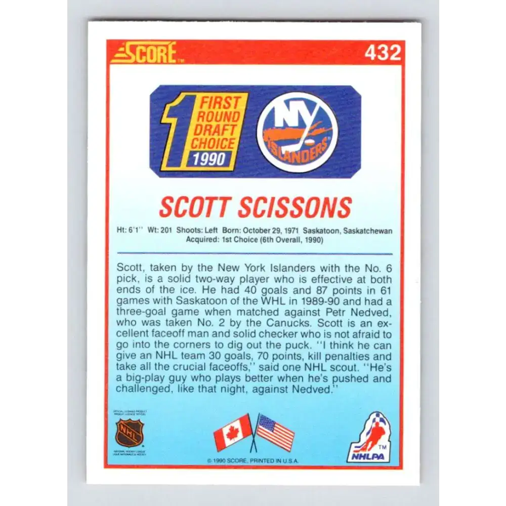 1990-91 Score #432 Scott Scissons NM-MT RC Rookie New York Islanders Hockey Card - Hockey Card Single