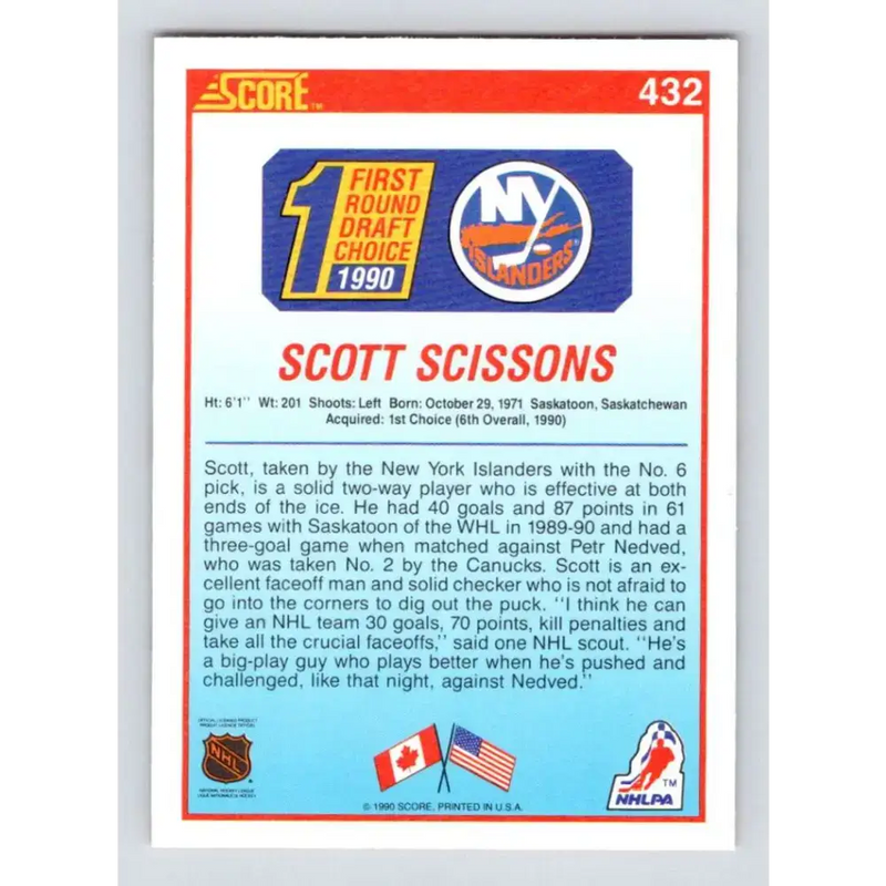 1990-91 Score #432 Scott Scissons NM-MT RC Rookie New York Islanders Hockey Card - Hockey Card Single