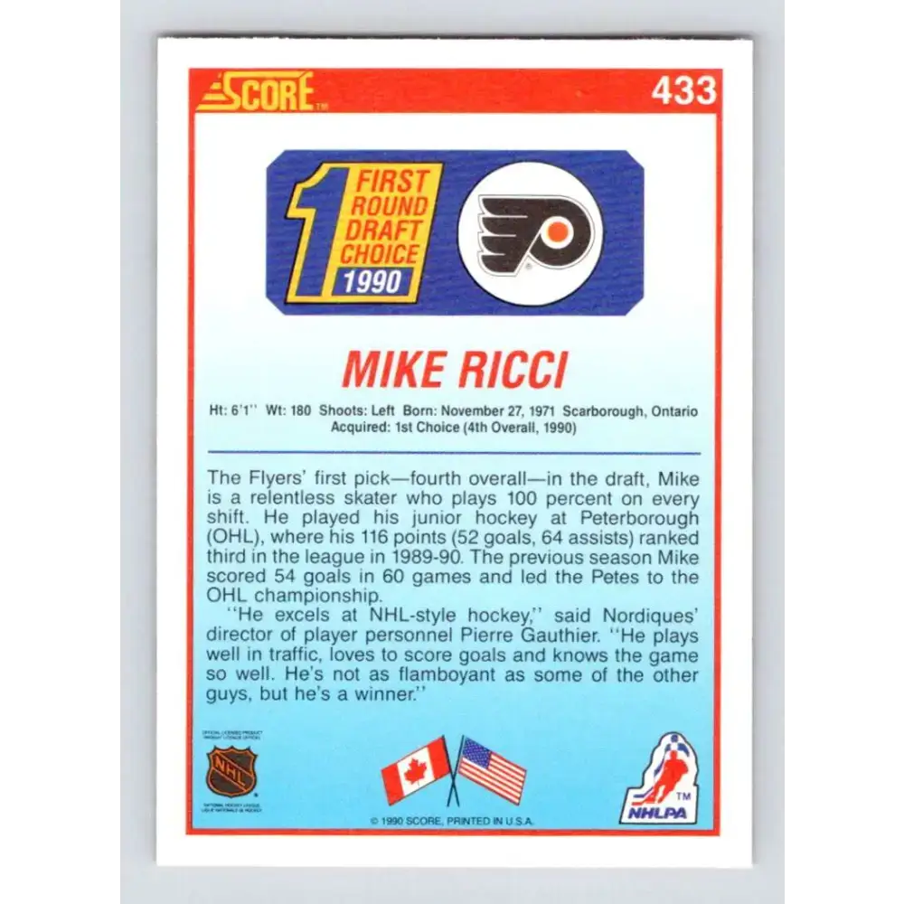 1990-91 Score #433 Mike Ricci NM-MT RC Rookie Philadelphia Flyers Hockey Card