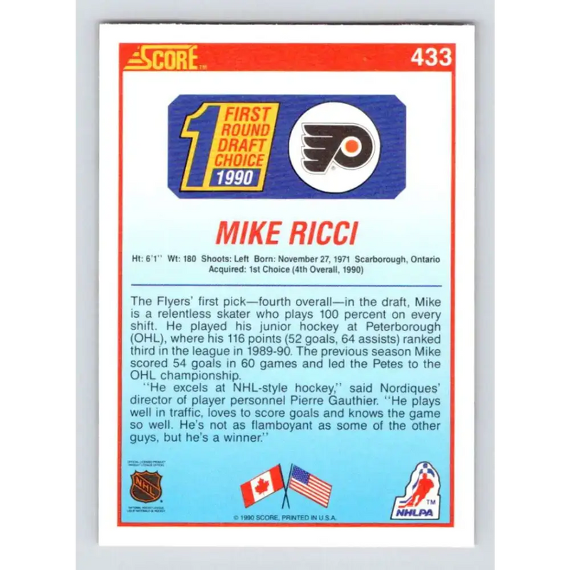 1990-91 Score #433 Mike Ricci NM-MT RC Rookie Philadelphia Flyers Hockey Card