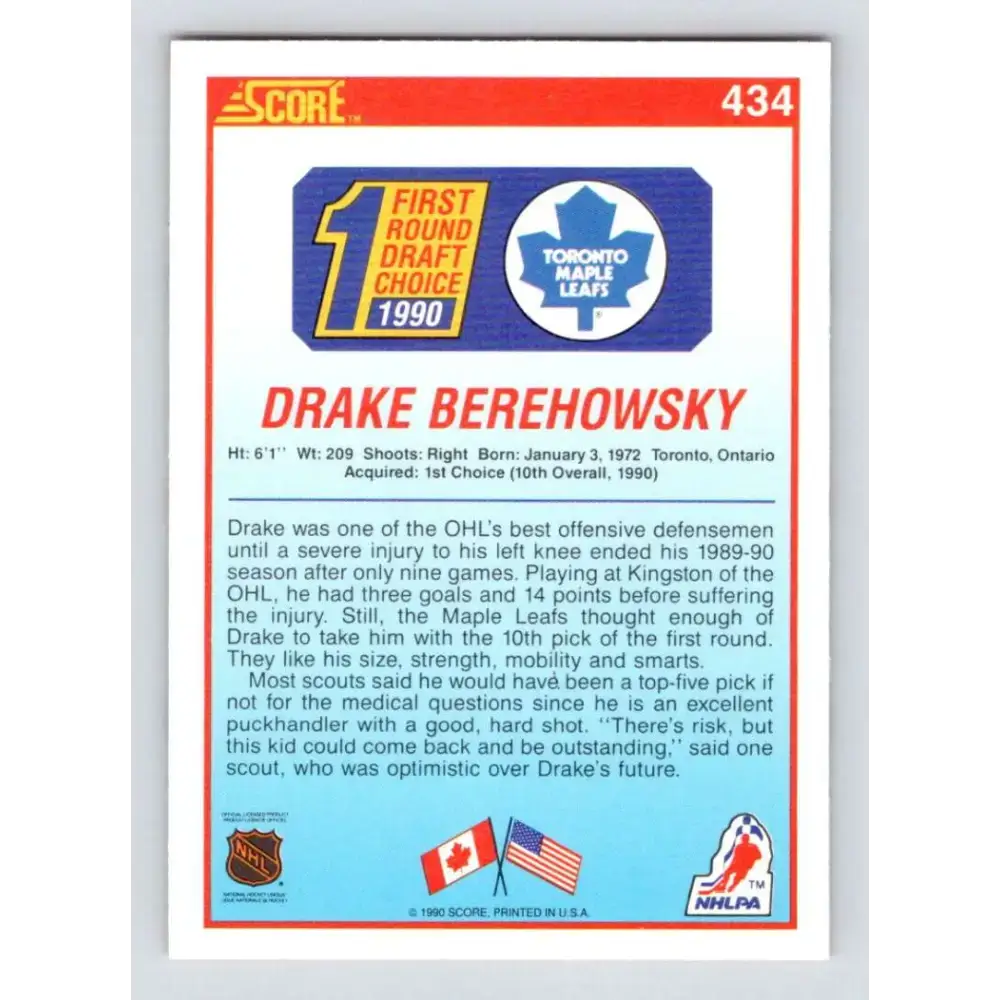 1990-91 Score #434 Drake Berehowsky NM-MT RC Rookie Toronto Maple Leafs Hockey Card - Hockey Card Single