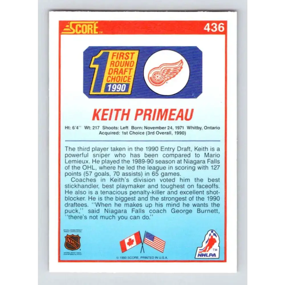 1990-91 Score #436 Keith Primeau NM-MT RC Rookie Detroit Red Wings Hockey Card - Hockey Card Single
