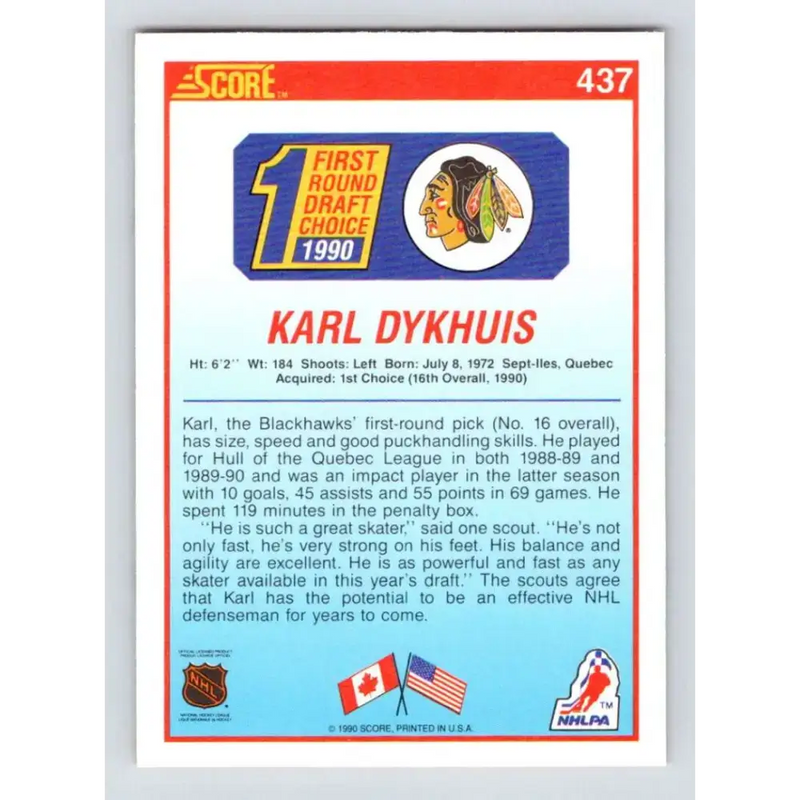 1990-91 Score #437 Karl Dykhuis NM-MT RC Rookie Chicago Blackhawks Hockey Card