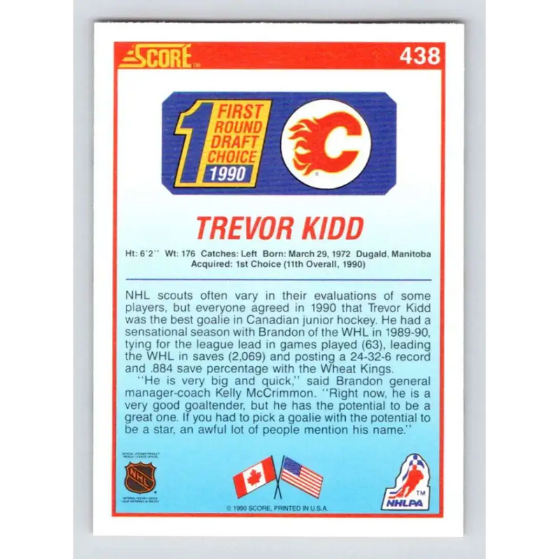 1990-91 Score #438 Trevor Kidd NM-MT RC Rookie Calgary Flames Hockey Card - Hockey Card Single
