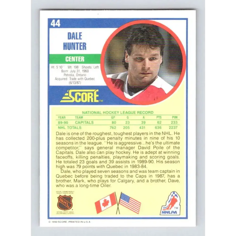 1990-91 Score #44 Dale Hunter NM-MT Washington Capitals Hockey Card - Hockey Card Single