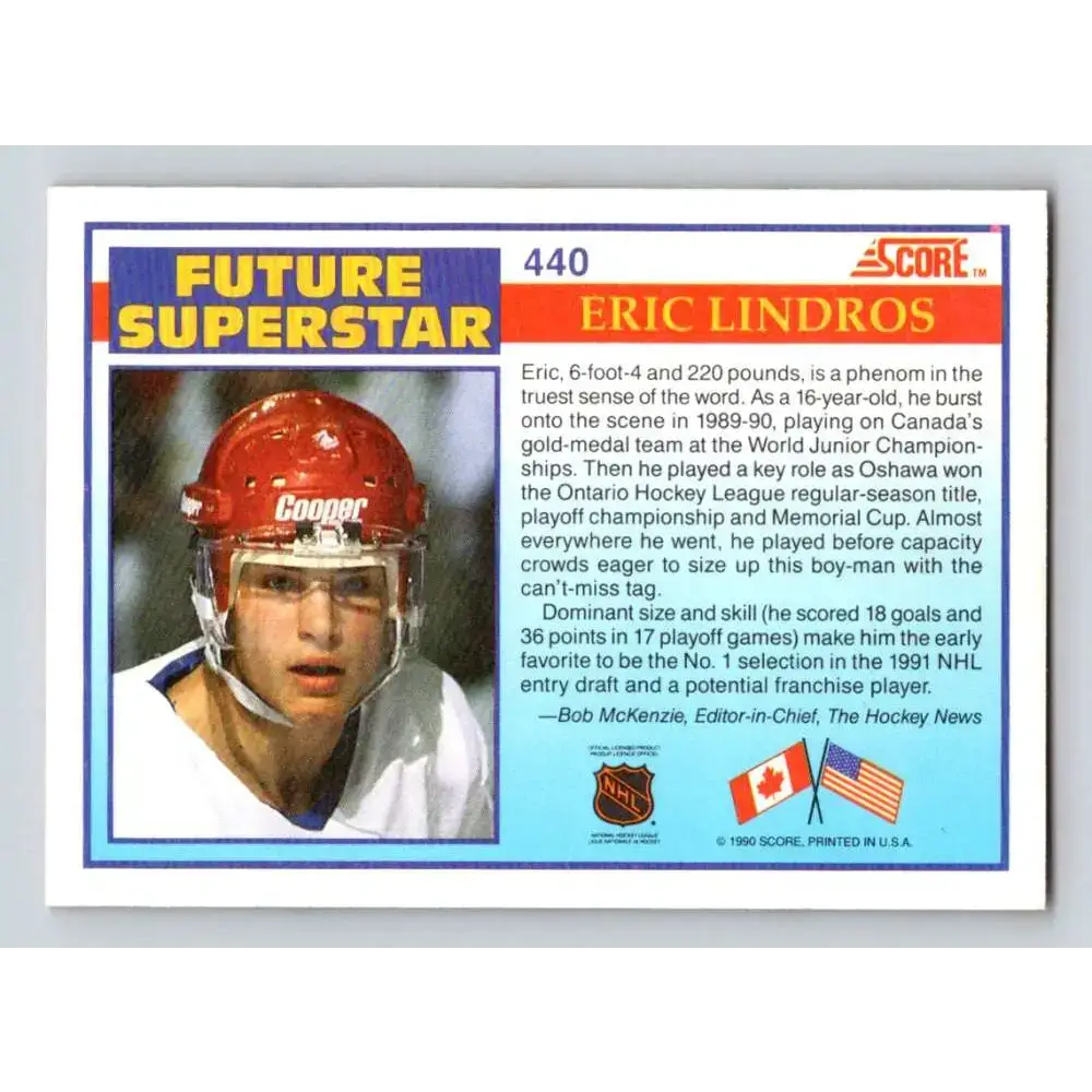 1990-91 Score #440 Eric Lindros NM-MT RC Rookie Oshawa Generals Hockey Card - Hockey Card Single