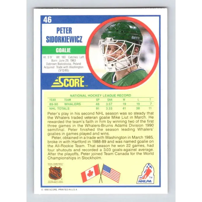 1990-91 Score #46 Peter Sidorkiewicz NM-MT Hartford Whalers Hockey Card - Hockey Card Single