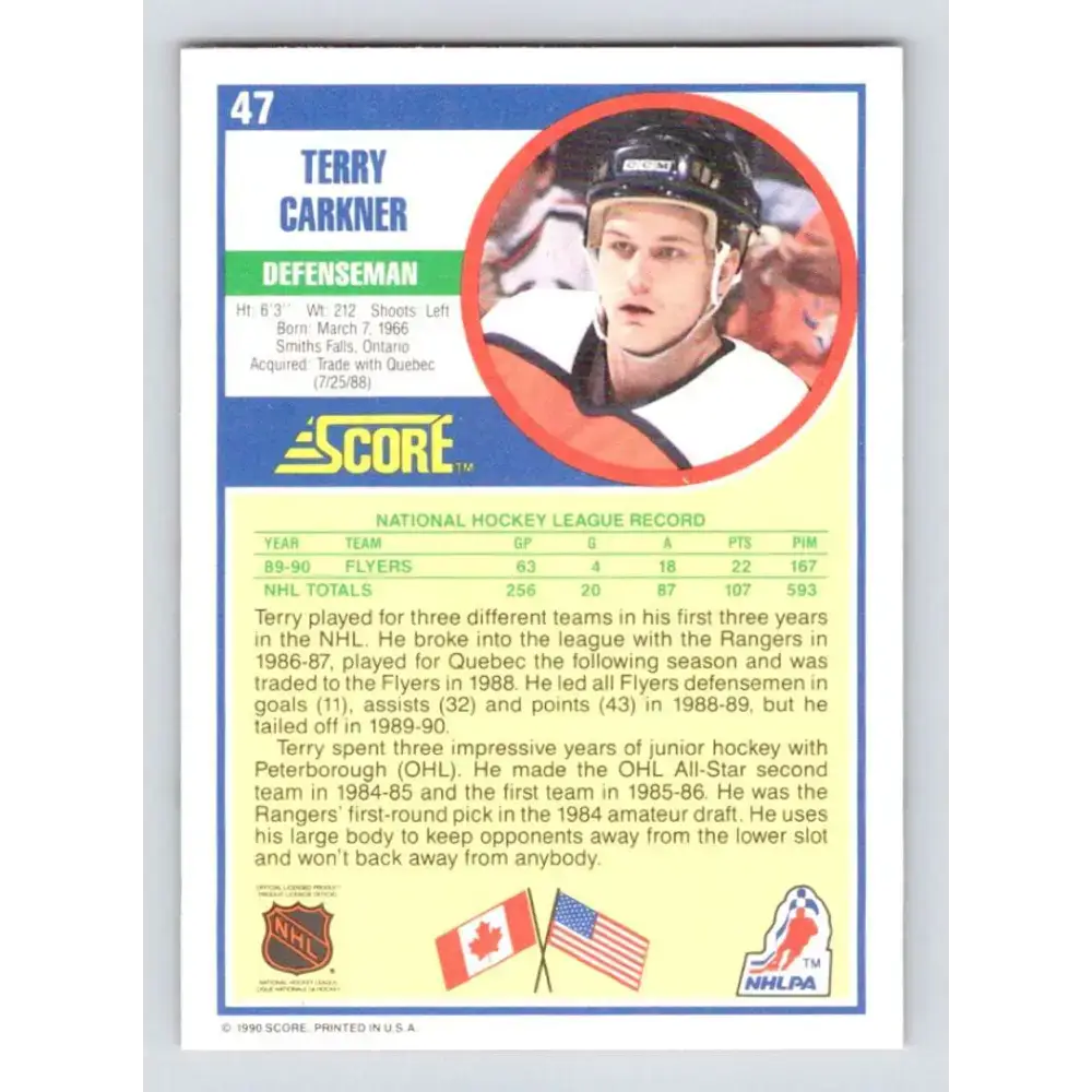 1990-91 Score #47 Terry Carkner NM-MT Philadelphia Flyers Hockey Card