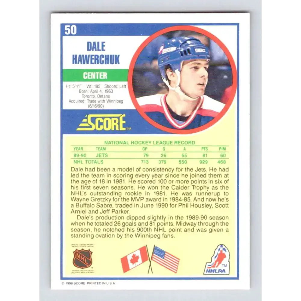 1990-91 Score #50 Dale Hawerchuk NM-MT Winnipeg Jets Hockey Card - Hockey Card Single