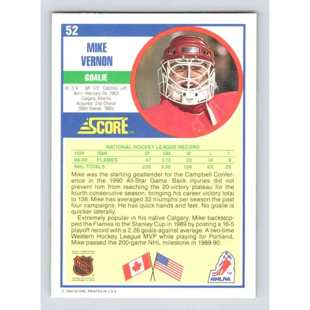 1990-91 Score #52 Mike Vernon NM-MT Calgary Flames Hockey Card - Hockey Card Single
