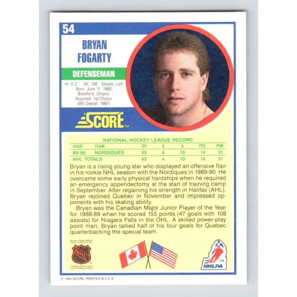 1990-91 Score #54 Bryan Fogarty NM-MT RC Rookie Quebec Nordiques Hockey Card - Hockey Card Single