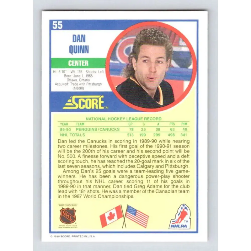 1990-91 Score #55 Dan Quinn NM-MT Vancouver Canucks Hockey Card - Hockey Card Single
