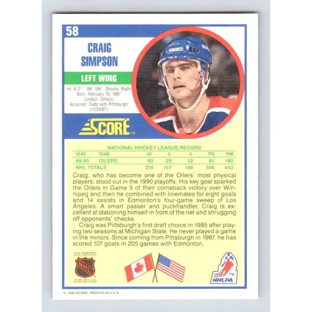 1990-91 Score #58 Craig Simpson NM-MT Edmonton Oilers Hockey Card - Hockey Card Single