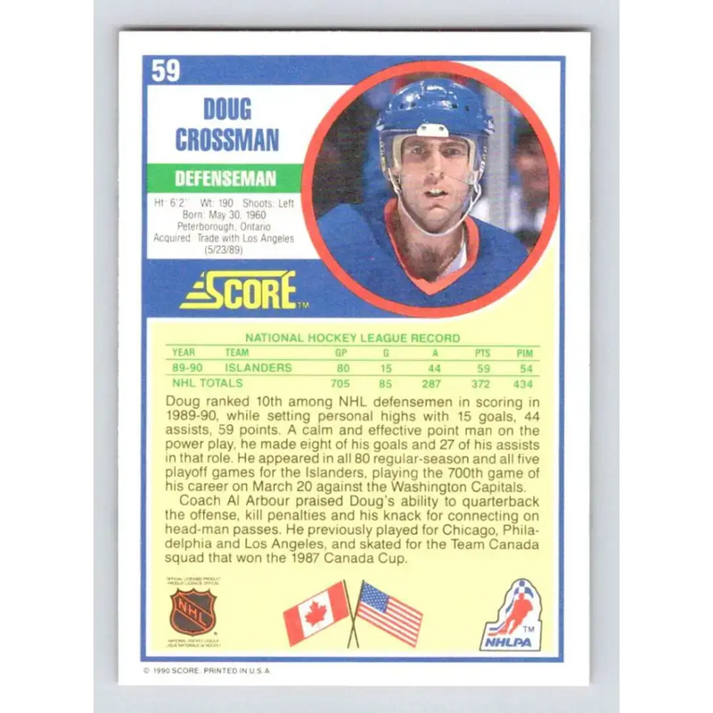 1990-91 Score #59 Doug Crossman NM-MT New York Islanders Hockey Card - Hockey Card Single