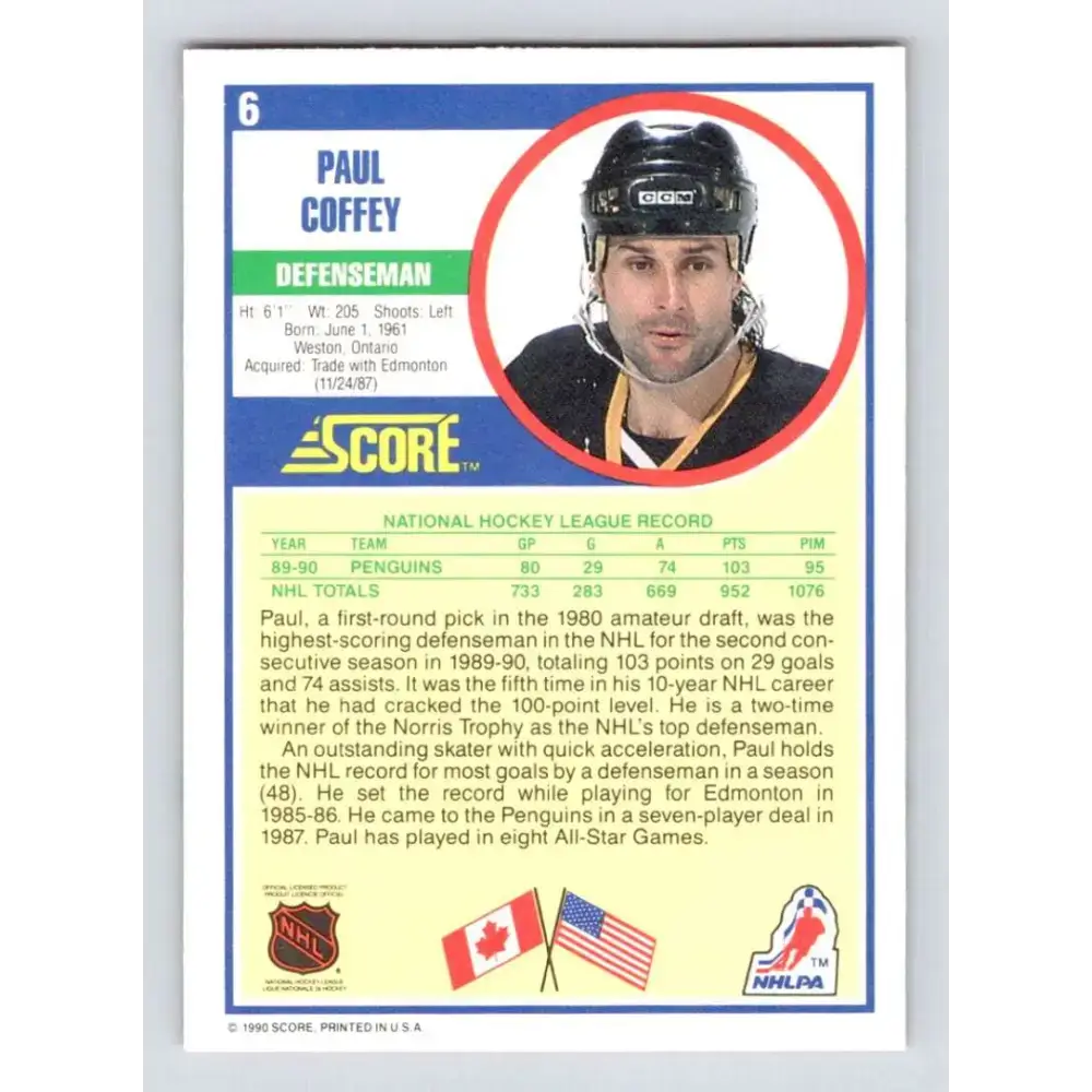 1990-91 Score #6 Paul Coffey NM-MT Pittsburgh Penguins Hockey Card - Hockey Card Single